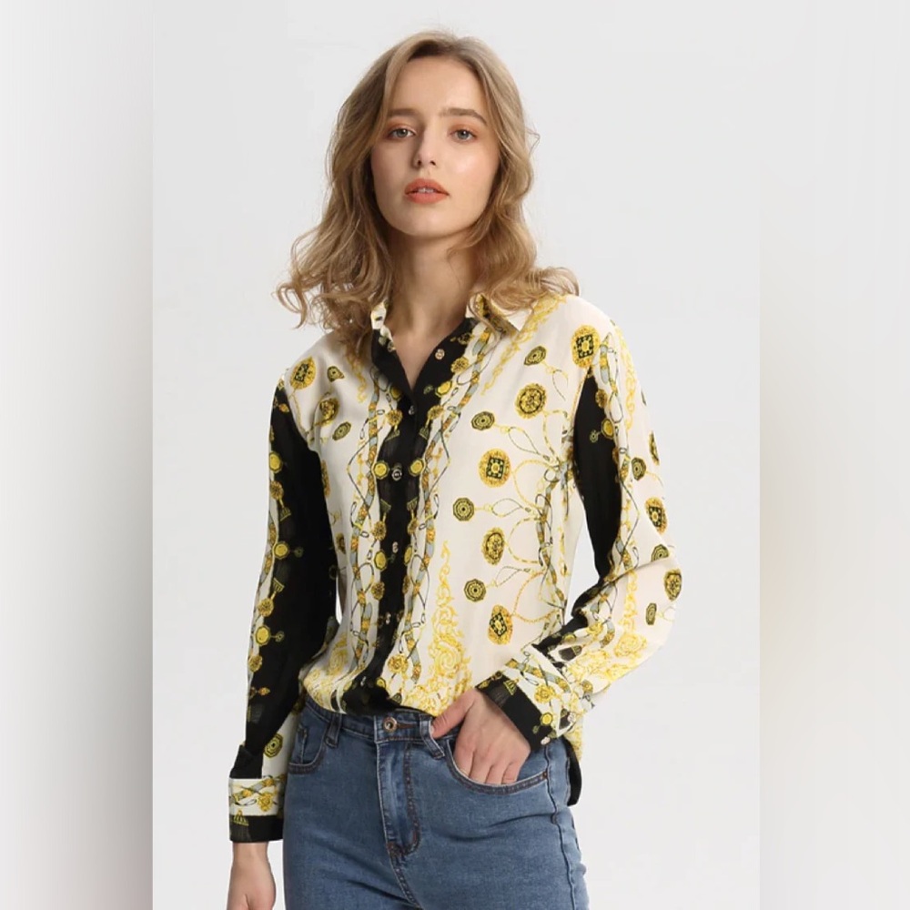 Zara Chain Scarf Print Blouse Black/Gold vintage Button Shirt Baroque top XS